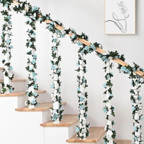 Miniatura 6 de MARTINE MALL Guirnalda de Flores – 5 hebras de 41 pies de enredaderas de rosas para decoración de dormitorio, guirnalda floral de rosas azules