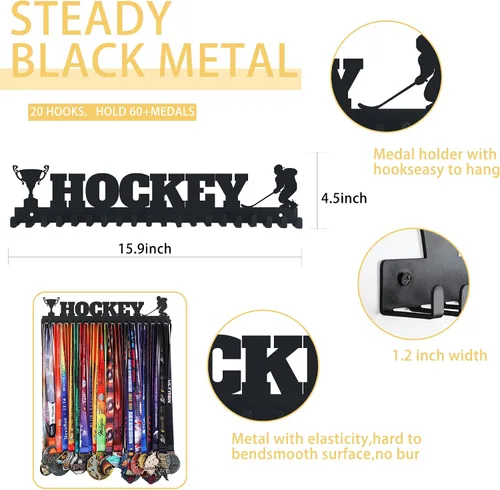 Miniatura 2 de Goutoports Soporte de exhibición de medallas de hockey para carreras deportivas, metal de acero negro resistente con más de 60 medallas, fácil
