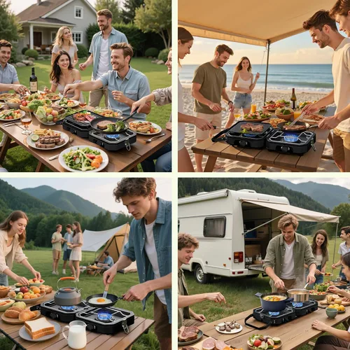 Miniatura 6 de Estufa de camping portátil de propano Estufa de campamento con calor ajustable independientemente y bolsa de transporte, estufa de gas plegable