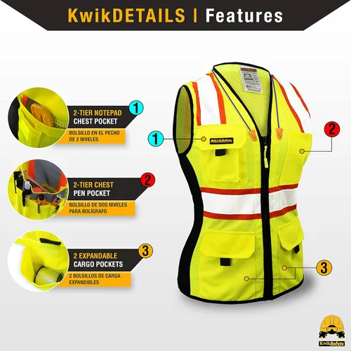 Miniatura 4 de KwikSafety - Charlotte, NC - Chaleco de seguridad para mujer, tiras reflectantes de alta visibilidad, cumple con ANSI y OSHA Amarillo