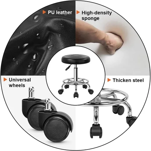 Miniatura 5 de KKTONER Taburete redondo moderno de piel sintética con reposapiés, altura ajustable, spa, sala de dibujo, tatuaje, trabajo, masaje, silla de tareas