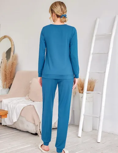 Miniatura 28 de Ekouaer Conjunto de pijama de manga larga para mujer, ropa de dormir suave con cuello redondo y bolsillos