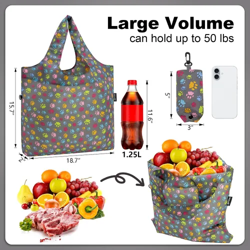 Miniatura 3 de HOLYLUCK Bolsas de comestibles reutilizables, bolsa de compras plegable resistente (estándar, 3 huellas de patas de perro)