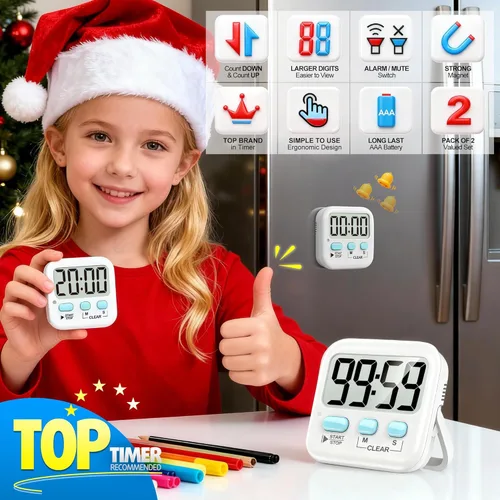 Miniatura 3 de Antonki Paquete de 2 temporizadores digitales para niños, temporizadores de cocina magnéticos de cuenta regresiva para cocinar, huevos, aula