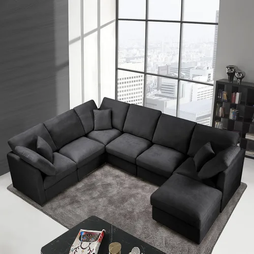 Miniatura 17 de Anwick Sofá modular en forma de L de 117 pulgadas, moderno sofá modular de pana con otomana movible de 5 asientos, sofás seccionales convertibles