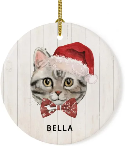 Miniatura 18 de Andaz Press Adorno redondo personalizado de cerámica para árbol de Navidad, abisinio, corona de acebo, sombrero de Papá Noel, con gráfico de gato