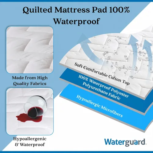 Miniatura 3 de Waterguard protector para colchón, guateado, ajustado, 100% de algodón, Algodón plastificado, Blanco, gemelo