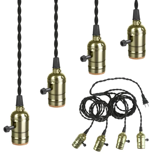 Kit de lámpara colgante enchufable vintage con 1 a 4 enchufes colgantes E26/E27, lámpara colgante industrial con interruptores giratorios Bronce