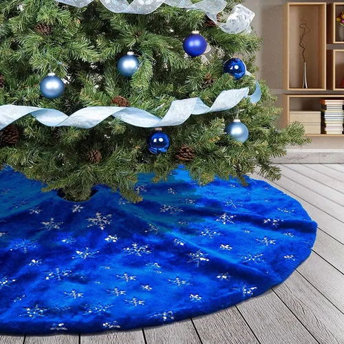 Atiming Falda de árbol de Navidad azul de felpa de 30 pulgadas, falda de árbol de Navidad de piel azul oscuro con lentejuelas plateadas, copo de