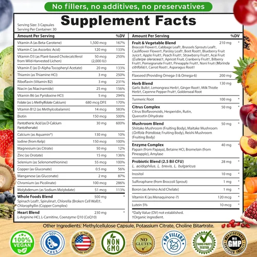 Miniatura 6 de Multivitamínico vegano de alimentos integrales sin hierro, multivitamínico metilado para mujeres y hombres, hecho con frutas y verduras, complejo B