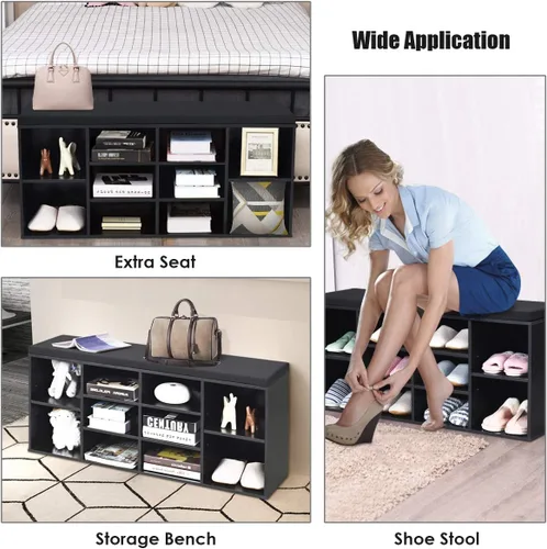 Miniatura 7 de KOTEK Banco de zapatos de madera con cojín, zapatero de 10 cubos con estantes ajustables, organizador de almacenamiento de zapatos para sala