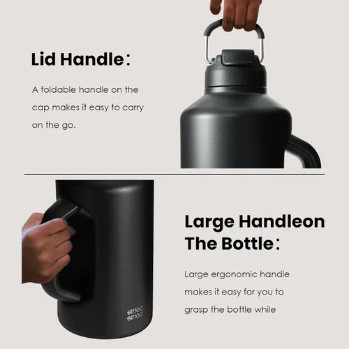 Miniatura 3 de BOTTLE BOTTLE Botella de agua aislada de 64 onzas con popote y tapa de doble uso, jarra de medio galón para hombres con asa, botella de agua de Negro
