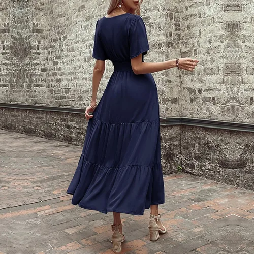 Miniatura 4 de Vestidos de regreso a casa para mujer, con botones sólidos, cuello en V, longitud de la cintura, vestido casual de verano, vestido grueso, S-XL