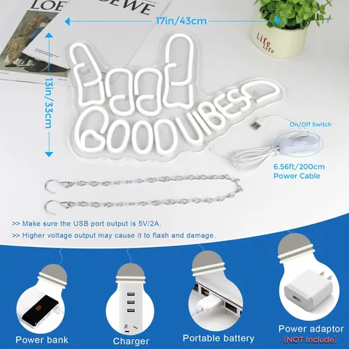 Miniatura 5 de Good Vibes - Letrero de neón regulable con interruptor de encendido/apagado, letreros de neón alimentados por USB para decoración de pared, letreros