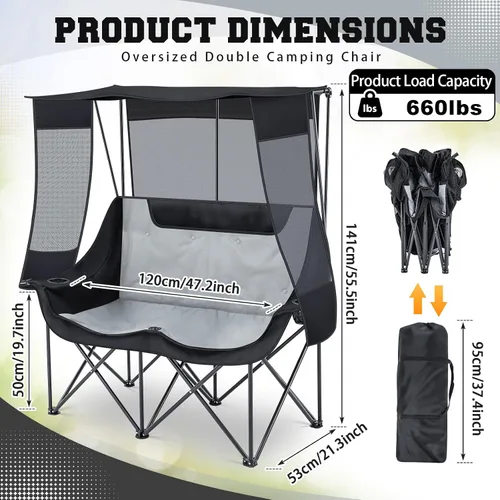 Miniatura 2 de Teenyyou Silla de campamento doble con dosel, silla de playa para 2 personas con protección solar UV, 660 libras, sofá biplaza plegable resistente