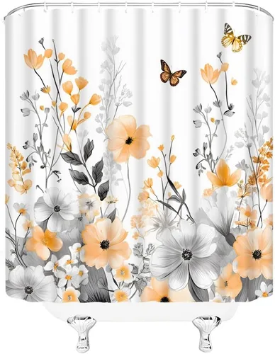 Miniatura 3 de Cortina de ducha de flores naranjas, gris quemado, floral, mariposa, granja, flores silvestres, elegante, hermosa, cortina de baño con gancho
