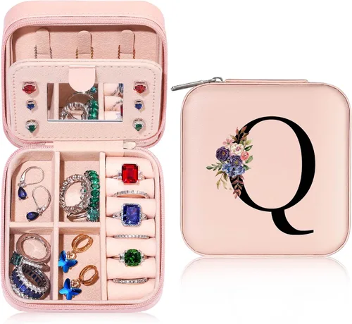 Caja organizadora de joyas, pequeña caja de joyería para mujeres y niñas, estuche de joyería de viaje con inicial, caja organizadora de joyas