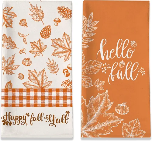 Toallas de cocina de otoño, juego de 2, calabazas de otoño con hojas de arce, naranja a cuadros, paños de cocina para baño, temporada de Acción de