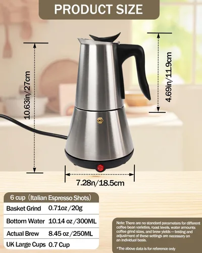Miniatura 2 de Olla eléctrica Moka con base desmontable, cafetera de aluminio de 10 onzas, 6 tazas, 10.1 fl oz, cafetera italiana negra para cocina y hogar, 110 V