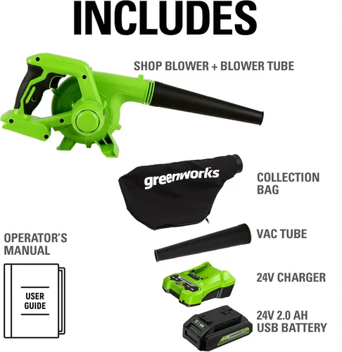 Miniatura 10 de Greenworks Soplador de Taller Inalámbrico de 24V (90 MPH / 180 CFM / 200+ Herramientas Compatibles), Batería de 2.0Ah y Cargador Incluidos