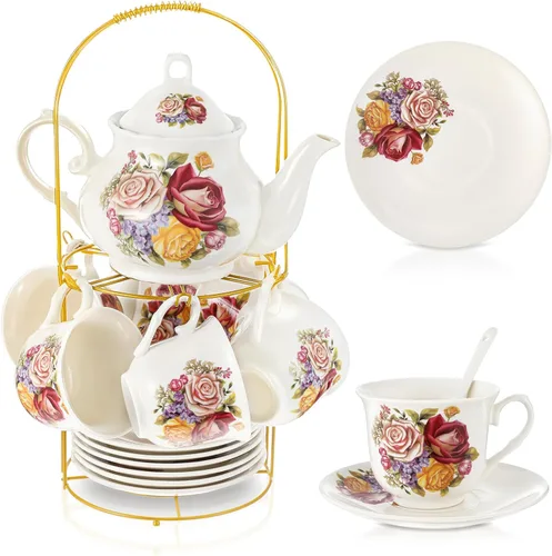 Miniatura 27 de Zhehao Juego de té de porcelana de 20 piezas con soporte de metal y cuchara para adultos, juego de té de cerámica para adultos, pintura de flores