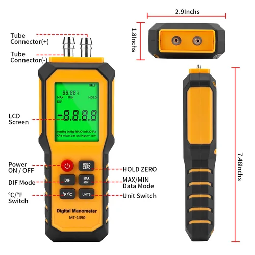 Miniatura 5 de Manómetro Digital de Puerto de Presión de 5/16 Pulgadas de Diámetro, YZT Meter Medidor de Presión de Aire de Puerto Dual Manómetro de Presión HVAC