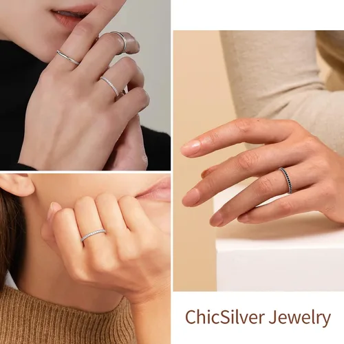Miniatura 8 de ChicSilver Anillo apilable personalizado de plata de ley 925 con circonita cúbica de 0.079 pulgadas, anillo de compromiso de eternidad para mujer