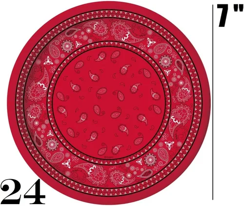 Miniatura 5 de Oojami Sirve 24 – Bandana roja suministros para fiesta occidental – Paquete completo de fiesta con platos llanos de 9 pulgadas, platos de postre