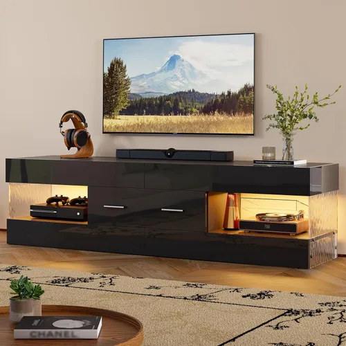 Miniatura 4 de Bestier Soporte de TV negro para TV de 55/60/65 pulgadas, soporte de TV moderno de alto brillo con paneles laterales con estampado de piedra, centro