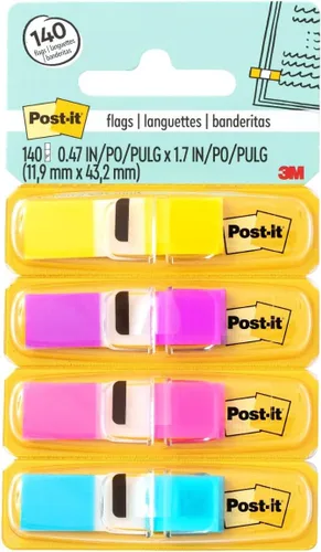 Banderas Post-it, 0.47 pulgadas x 1.7 pulgadas, 4 dispensadores con 35 banderas/dispensador, 140 banderas en total, en amarillo, rosa oscuro y verde