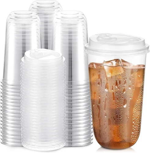 Miniatura 17 de Baderke 50 juegos de vasos de plástico transparente de 16 onzas con tapas, tazas de café helado resistentes con tapas, vasos de plástico desechables