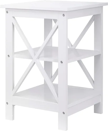 Miniatura 4 de ZENY Juego de 2 mesas auxiliares, estante de almacenamiento lateral para sofá, mesa auxiliar de madera versátil con diseño X, sala de estar, Blanco