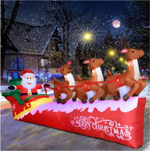 Papá Noel inflable de Navidad de 10 pies en trineo con 3 renos, inflable para patio con luces LED integradas, decoración de fiesta navideña para