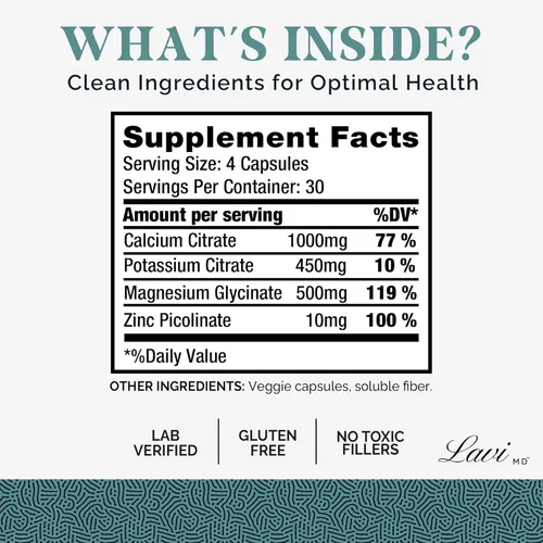 Miniatura 5 de Suplemento de potasio magnesio y zinc y calcio para la salud ósea, el músculo y el sistema inmunológico - Complejo mineral con aspartato de zinc
