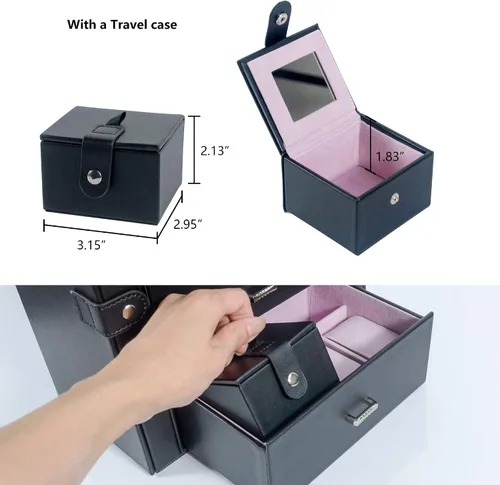 Miniatura 3 de Kendal Cajas de joyería grandes para mujer 6 capas de cuero negro elegante para joyas caja organizadora de almacenamiento con cerradura para collar