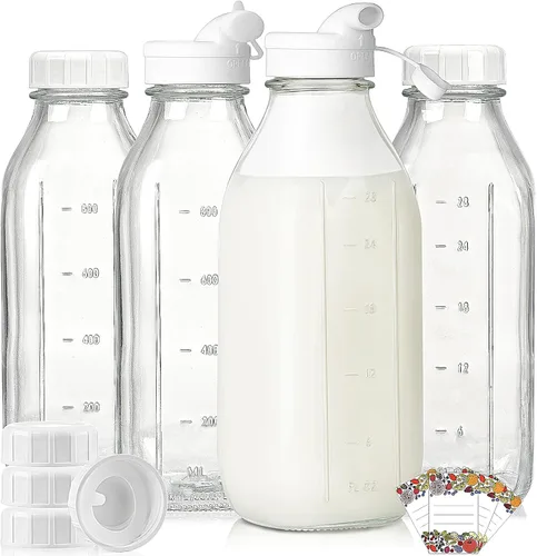 Paquete de 4 botellas de leche de vidrio de 1 litro con escala, tapa de rosca 100% hermética y resistente, tarros de 32 onzas con 2 boquillas de