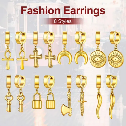 Miniatura 5 de FaithHeart Aretes de aro Huggie para mujer, acero inoxidable, chapado en oro de 18 quilates, aretes colgantes de gota de AnkhCrossCandkBocina
