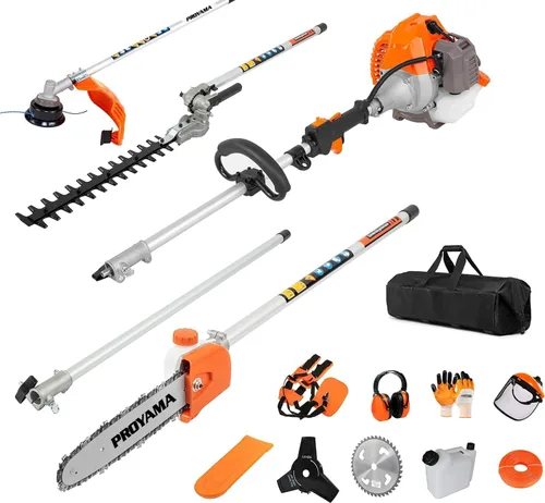 Miniatura 10 de PROYAMA Kit combinado multifuncional 6 en 1 de 26 cc, cortasetos a gas de 2 ciclos, desbrozadora de malezas, cortador de cuerdas, cortador