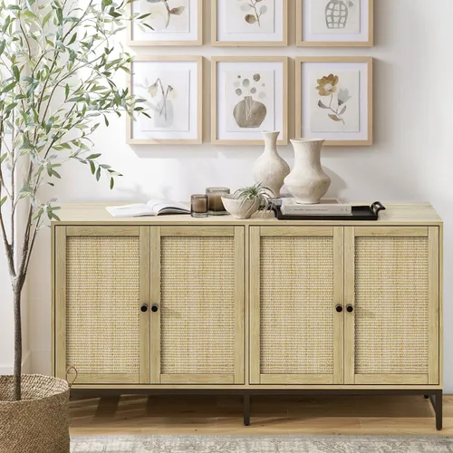 ZLWJGY Credenza - Armario tipo bufé de ratán, aparador de almacenamiento con 4 puertas, mesa consola grande de mediados de siglo moderna de 59
