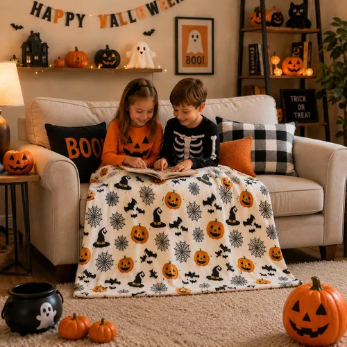 Miniatura 4 de Manta de forro polar de Halloween: telaraña, sombrero de bruja, murciélagos negros, calabazas naranjas, franela suave y cálida para cama, sofá