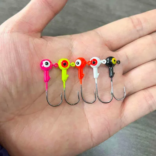 Miniatura 5 de Juego de 50 ganchos de cabeza de plantilla de pesca, plantillas de pesca de bola redonda con ojos 3D, ganchos de acero al carbono para señuelos