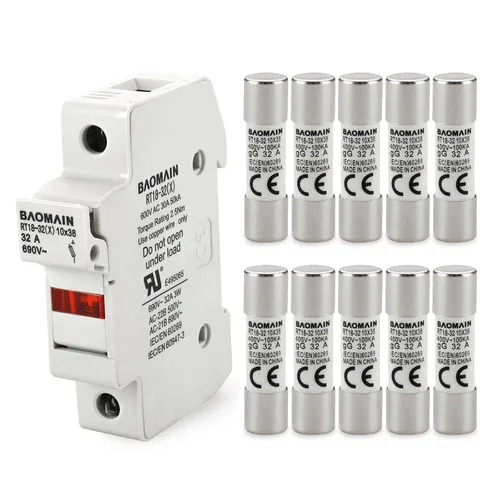Miniatura 13 de Baomain Base portafusibles RT18-32 con fusibles de cerámica de 10x1A (0.394x1.496 in) - Montaje en riel DIN de 1 polo, indicador LED, certificado CE