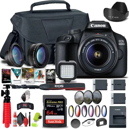 Canon Cámara DSLR EOS 4000D/Rebel T100 con lente de 0.709-2.165 in, tarjeta de 64 GB, kit de filtro de color, funda, kit de filtro, software de