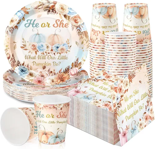 Miniatura 30 de Hushee 200 piezas de platos de papel, servilletas y vasos florales para baby shower, juego de vajilla para fiesta de baby shower, vasos y Rosa