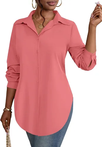 Miniatura 35 de Rooscier Blusa larga con cuello en V para mujer, manga larga, abertura lateral, con botones