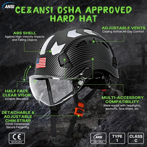 Miniatura 2 de Aolamegs Carbon Fiber Pattern Hard Hat with Visor, ANSI Z89.1 Vented Safety Helmet, OSHA Approved Construction Hardhat for Men, 6-Point Suspension