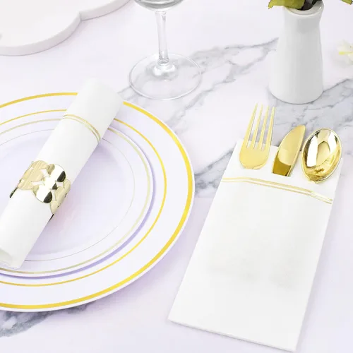 Miniatura 4 de Nervure 100 servilletas de papel doradas con bolsillo integrado para cubiertos - Servilletas desechables preplegadas blancas y doradas tipo tela