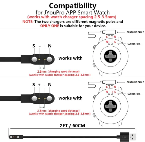 Miniatura 2 de Cargadores de 2 pines para cable de reloj inteligente JYouPro, paquete de 2 [modelo A + modelo B, solo un ajuste] Cable de carga USB magnético