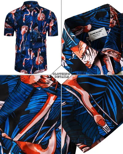 Miniatura 88 de TUNEVUSE Conjunto de camisas y pantalones cortos hawaianos para hombre, 2 piezas, trajes de playa con estampado de flores, traje tropical de verano