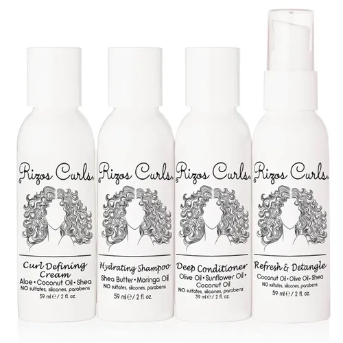 Rizos Curls Kit de viaje de 4 pasos para cabello rizado: crema definidora de rizos, champú, acondicionador, refresca y desenreda (2 onzas líquidas